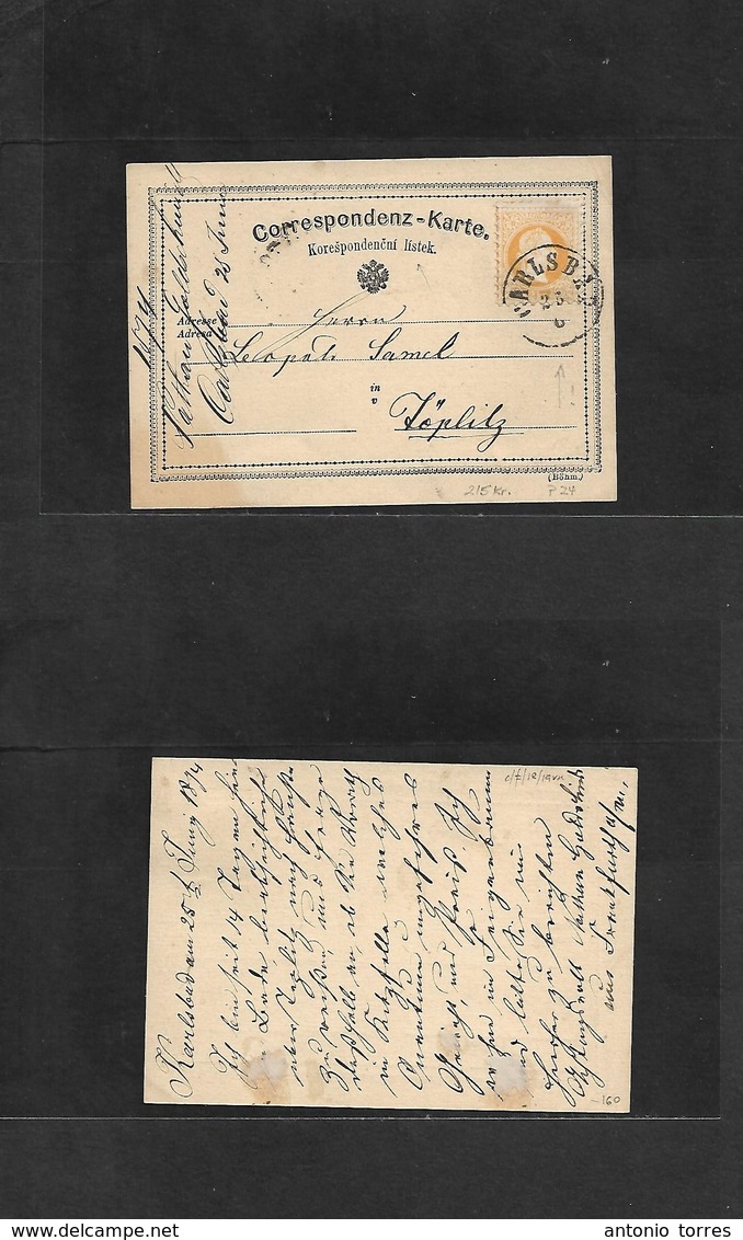 Czechoslovakia. 1874 (25 June) Carlshad - Toplitz. Bohemia Czech Text Austrian PO Stationary Card + 2kr, Yellow Stamp Ad - Autres & Non Classés