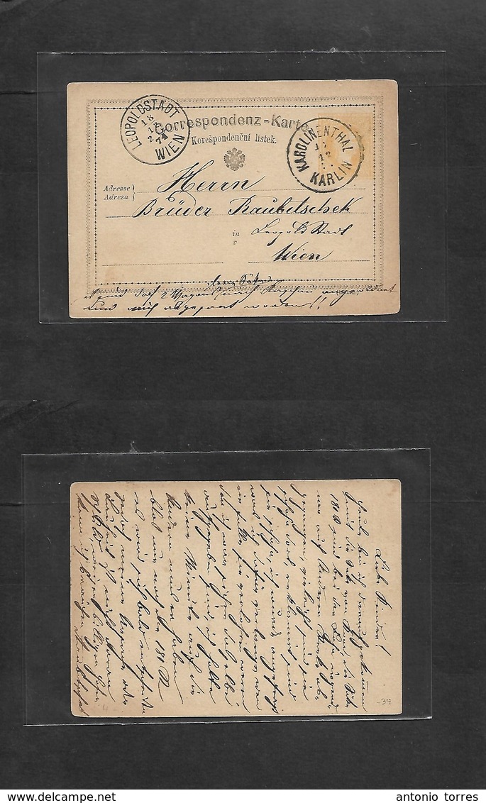 Czechoslovakia. 1874 (18 Dec) Karolinenthal, Karlin - Wien (18 Dec) 2kr Orange Early Stat Card. Fine Used. - Other & Unclassified