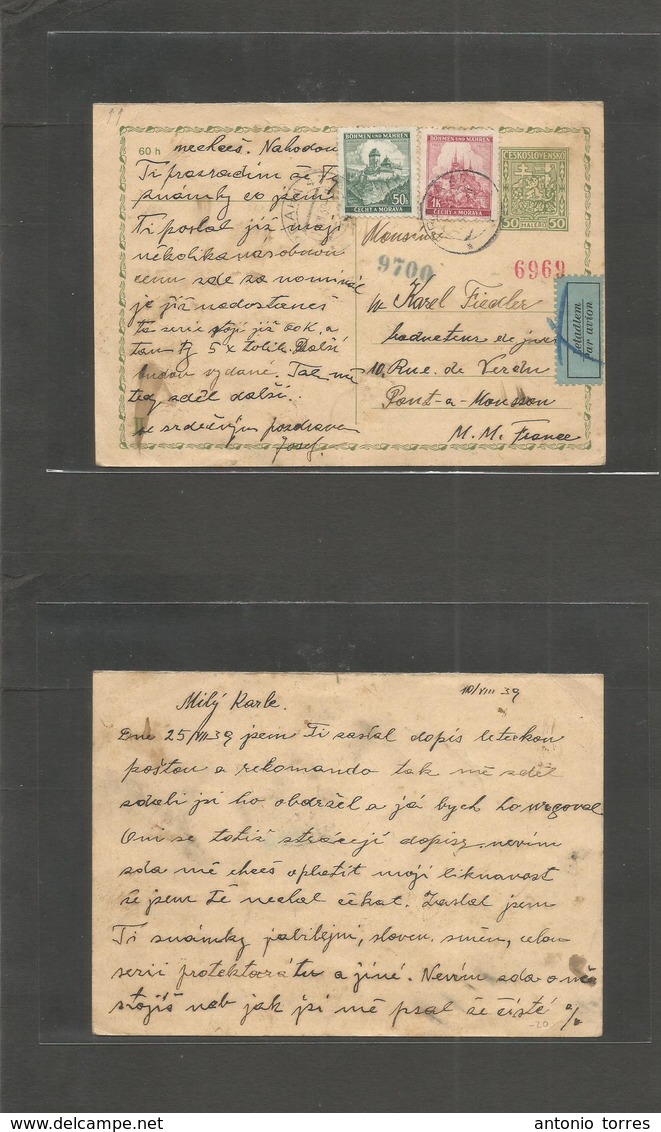 Czechoslovakia. 1939 (10 Aug) Praha - France, Port A Mousson. Air 50h Green Stat Card + 2 Adtls, Cds. 2 Control Nr Cache - Other & Unclassified