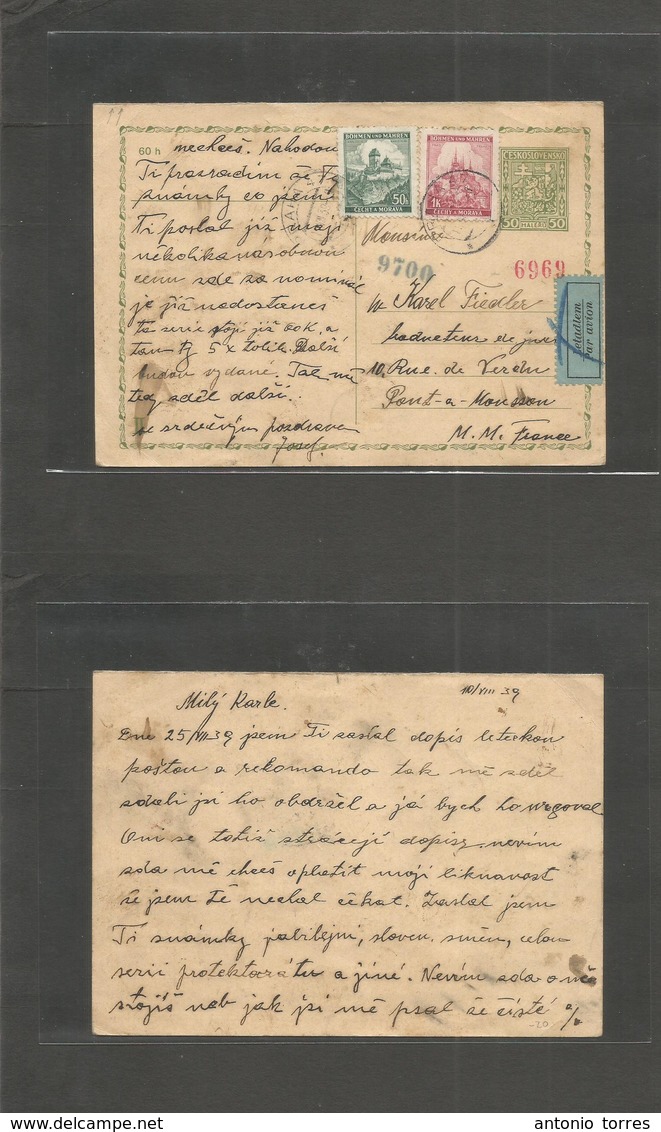 Czechoslovakia. 1939 (10 Aug) Praha - France, Port A Mousson. Air 50h Green Stat Card + 2 Adtls, Cds. 2 Control Nr Cache - Andere & Zonder Classificatie