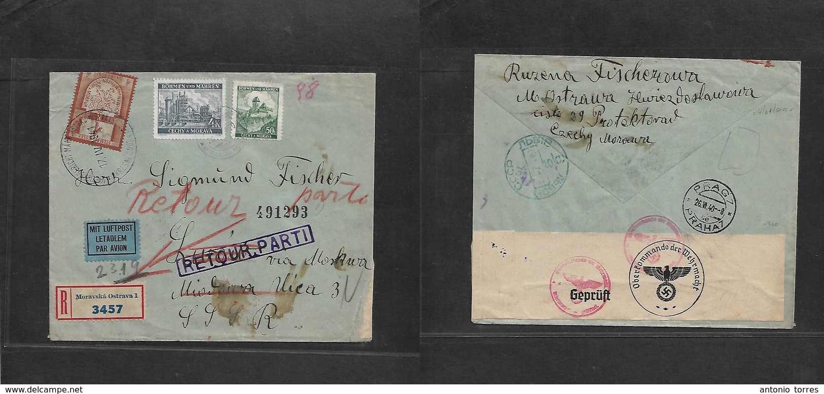 Czechoslovakia. 1940 (26 June) Bohemia - Moravia. Moravska - Rusia, Lurovo (18 July 40) Registered Multifkd Env + Retour - Autres & Non Classés