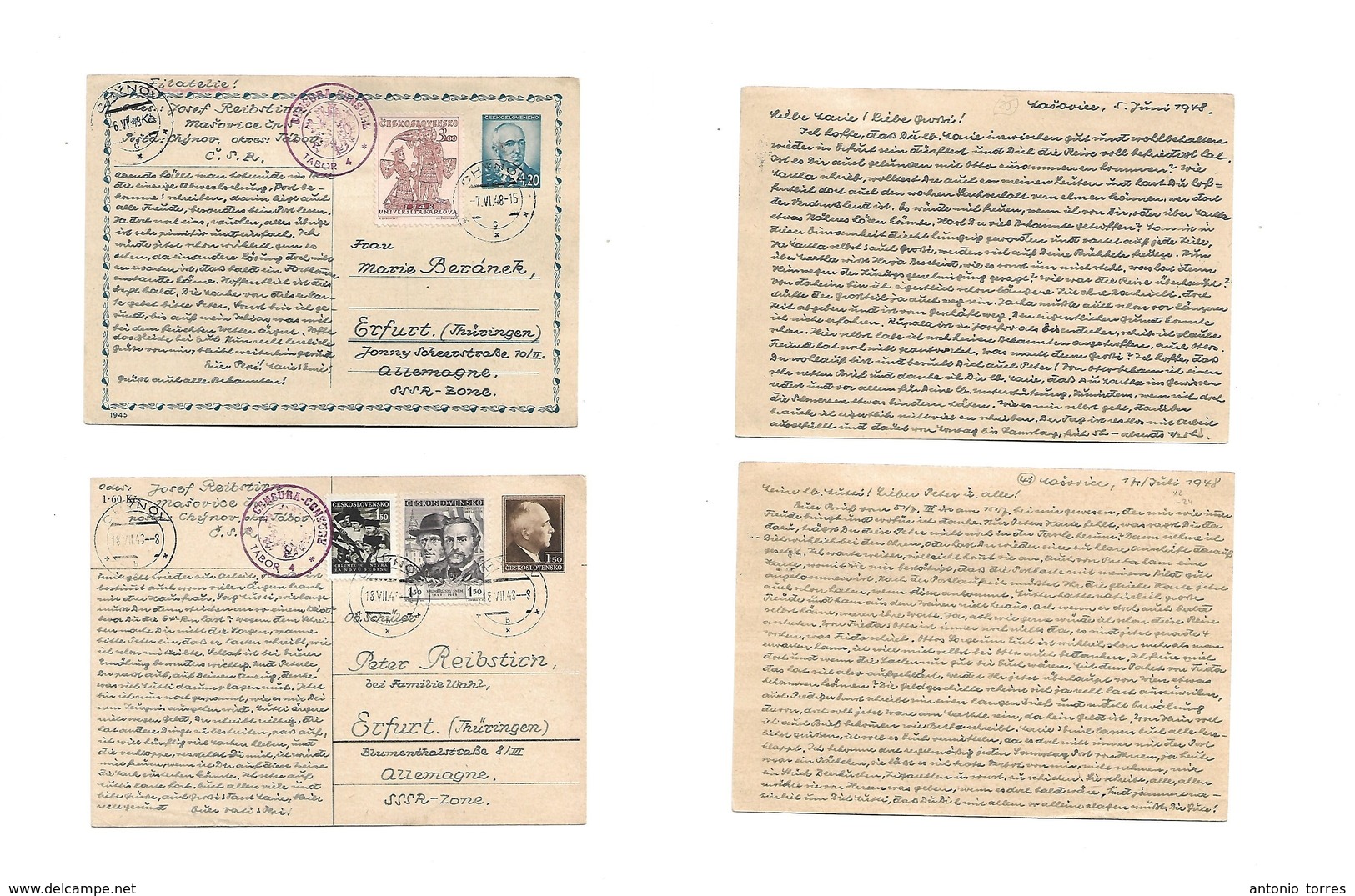 Czechoslovakia. 1948 (June) Chernov - Erfurt, East Germany. Two Diff Stat Cards + Adtls + Depart Censor Cachet. Fine Pai - Autres & Non Classés