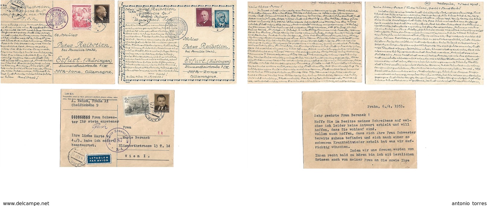 Czechoslovakia. 1948-53. Chernov - Erfurt. East Germany, 3 Diff Stationery Cards + Adtls + Depart Censor Cachets. Fine T - Other & Unclassified