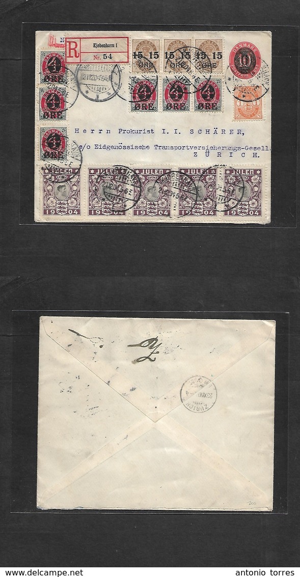 Denmark. 1904 (21 Dec) KPH - Zurich, Switzerland (23 Dec) Registered Ovptd Stat Envelope + 10 Adtls + 5 Julen 1904 Royal - Other & Unclassified