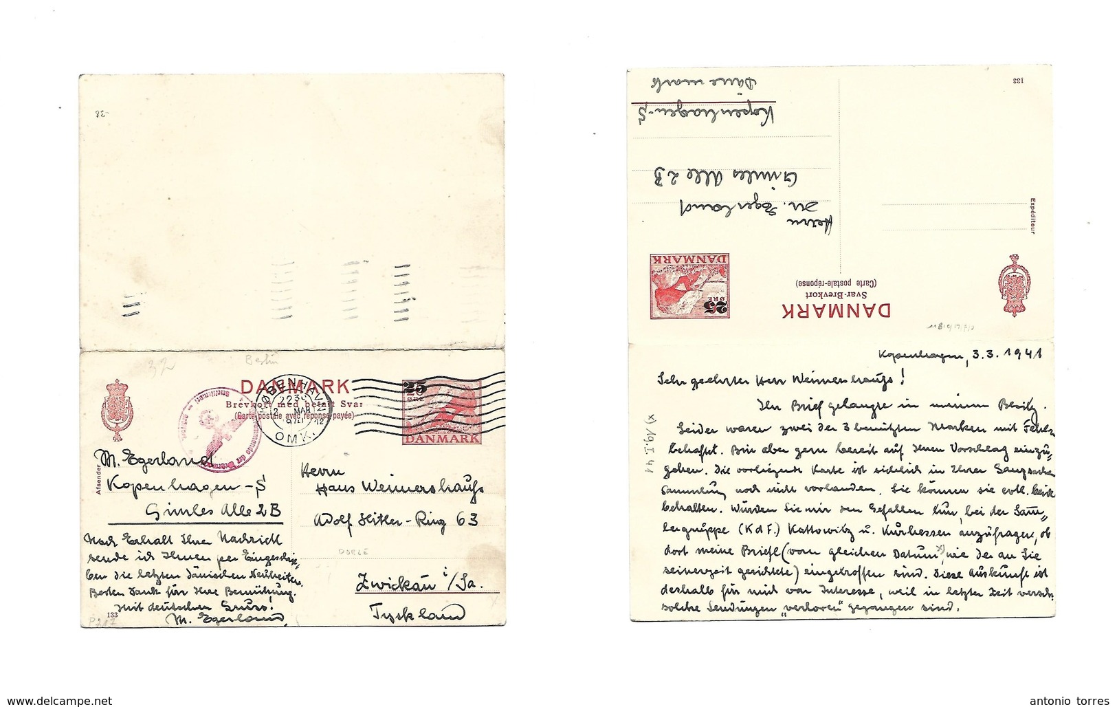 Denmark. 1941 (3 March) Kph - Germany, Zwickau 25 Ore Red Ovptd Doble Stat Card + Nazi Censored Used On Way Out. Fine Ad - Andere & Zonder Classificatie
