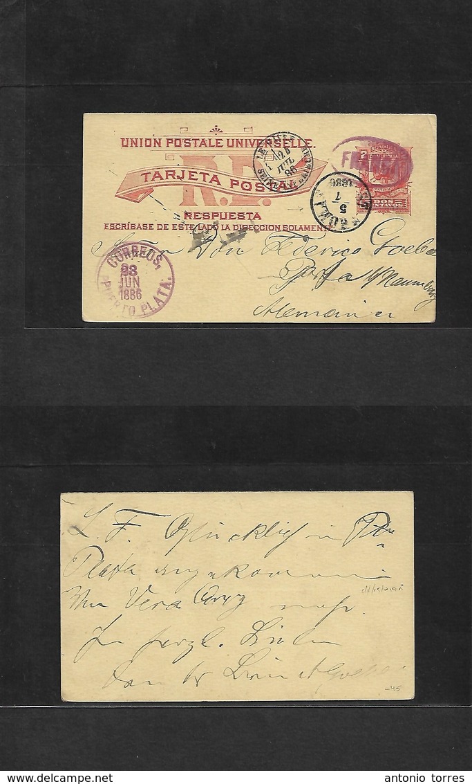 Dominican Rep. 1886 (23 June) Puerto Plata - Germany, Nuremberg. 2c Red / Yellow Stat Card, Oval FRANCA Violet + Via St  - Dominican Republic