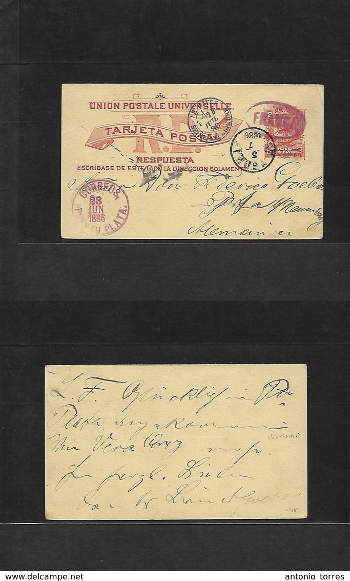 Dominican Rep. 1886 (23 June) Puerto Plata - Germany, Nuremberg. 2c Red / Yellow Stat Card, Oval FRANCA Violet + Via St  - Dominicaanse Republiek