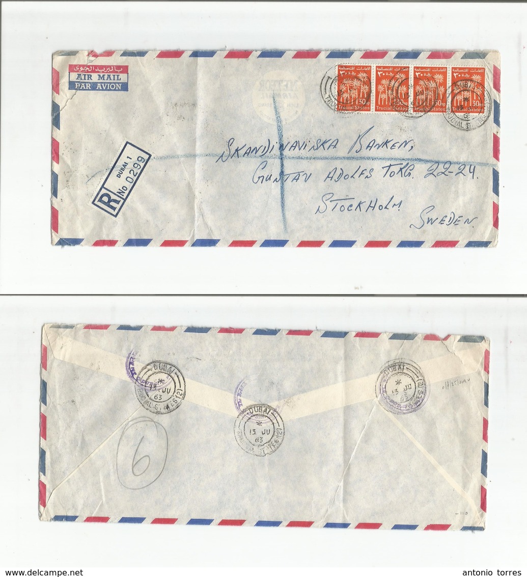 Dubai. 1963 (13 June) Trucial States. GPO - Sweden, Stockholm. Registered Air Multifkd Envelope. Transited Reverse. - Dubai