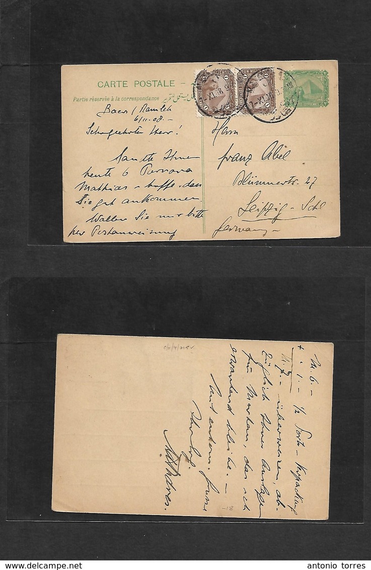 Egypt. 1908 (7 Nov) Bamlergh - Germany, Leipzig 2ms Green Pyramid Issue Stat Card + 2 Adtls, Tied Cds. VF. - Autres & Non Classés