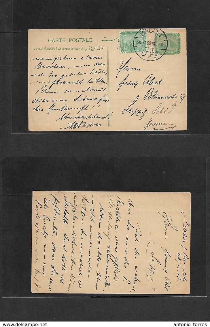 Egypt. 1908 (28 Nov) Bacos - Germany, Leipzig. 2ms Green Stat Card + Adtls. Pyramids Issue. VF. - Other & Unclassified