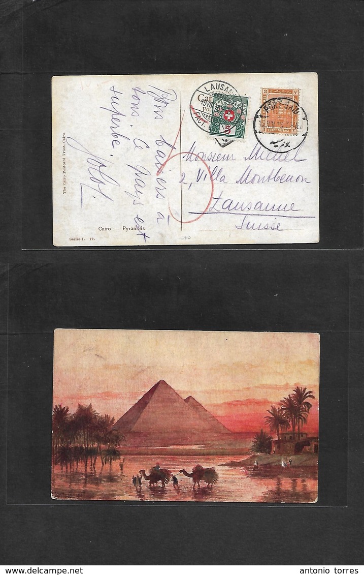 Egypt. 1915 (12 Aug) Port Said - Switzerland, Lausanne (19 Aug) Fkd Ppc 3m Orange, Cds + Arrival Swiss Postage Due 5c, T - Other & Unclassified