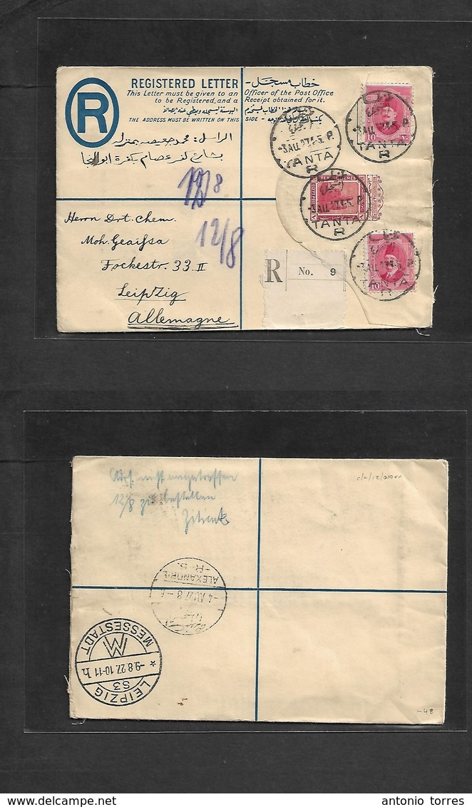 Egypt. 1927 (3 Aug) Tanta - Germany, Leipzig (9 Aug) 10m Red Registered Stat Env + 2 Adtls, Tied Cds. VF. - Otros & Sin Clasificación