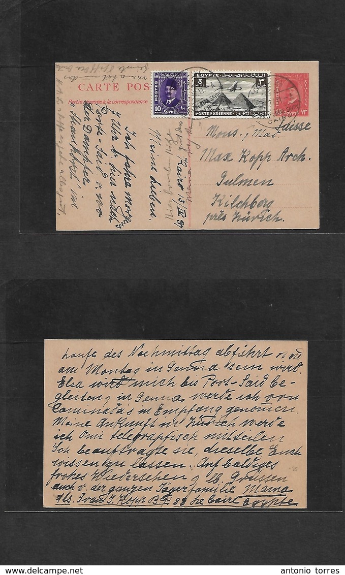 Egypt. 1937 (15 Apr) Cairo, Savoy Hotel - Switzerland, Zurich, Kilchberg. 13 Ms Red Stat Card + 2 Adtls On Air Usage. VF - Sonstige & Ohne Zuordnung