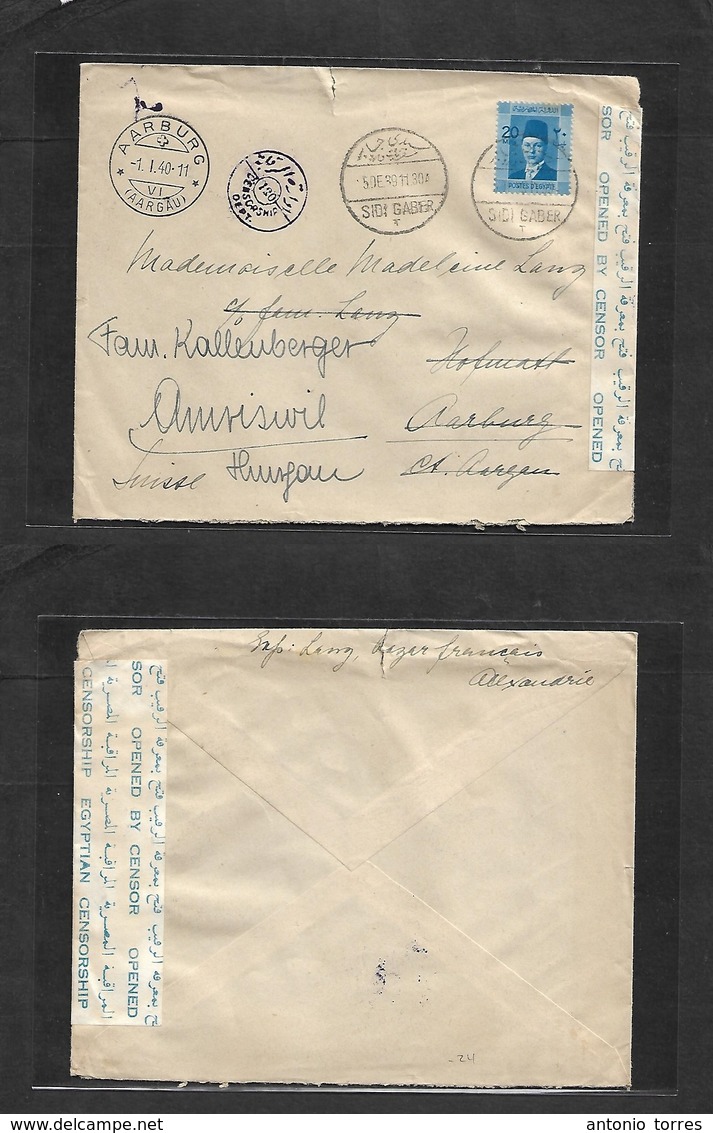 Egypt. 1939 (5 Dec) Sidi Gaber - Switzerland, Garburg (1 Jan 40) Fkd Env + Censored Depart. VF. - Autres & Non Classés