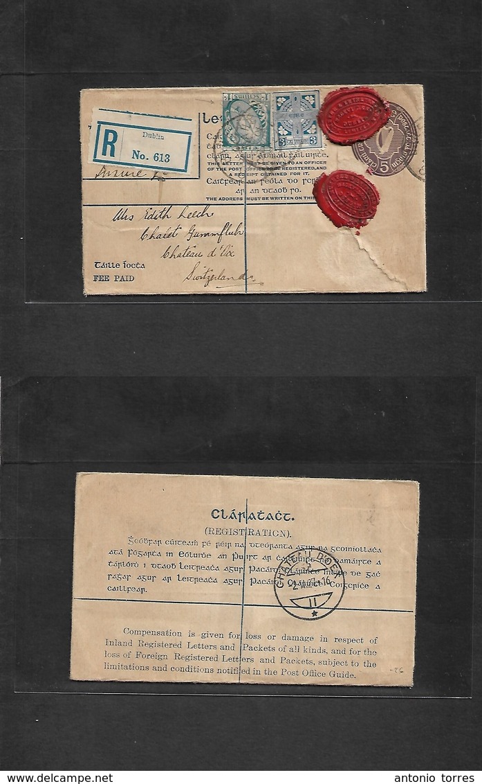 Eire. 1927 (2 Nov) Dublin - Switzerland, Chateau D'Oix. 5d Lilac Stationary Envelope + 2 Adtls On Registered Multifkd Us - Usados