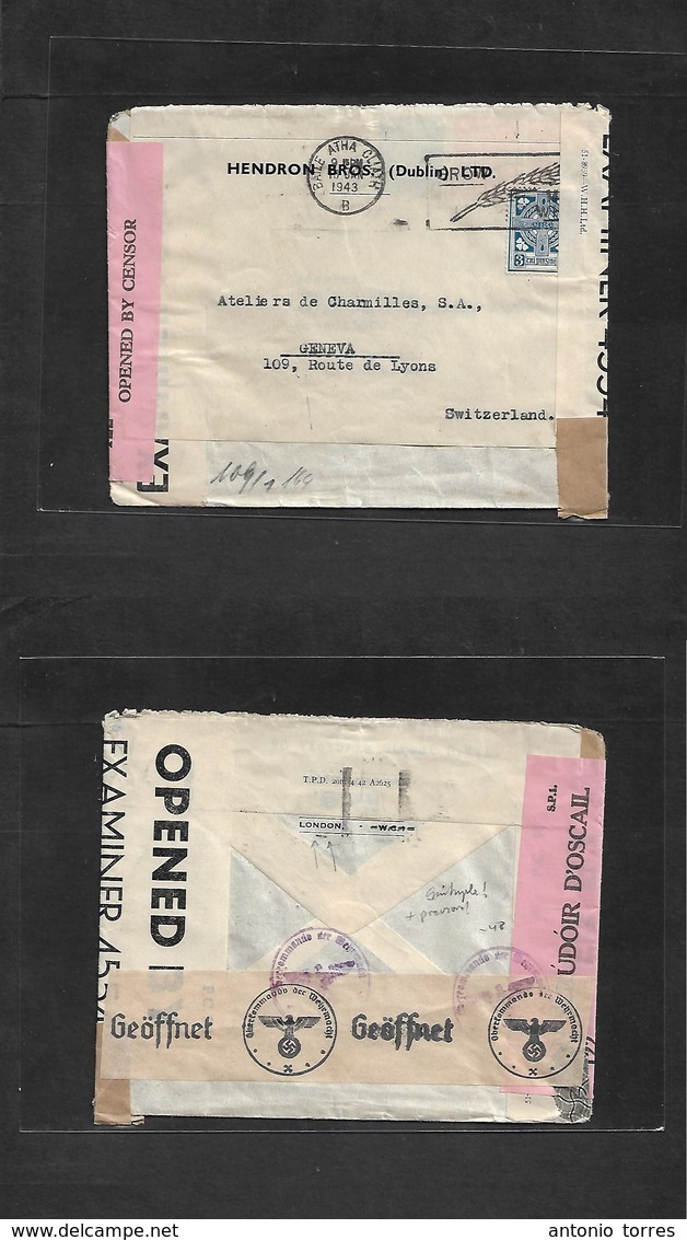 Eire. 1943 (18 Jan) Bale Atha Claith - Switzerland, Geneva. Air Fkd Envelope With Quintuple Censor Labels (!) Extraordin - Oblitérés