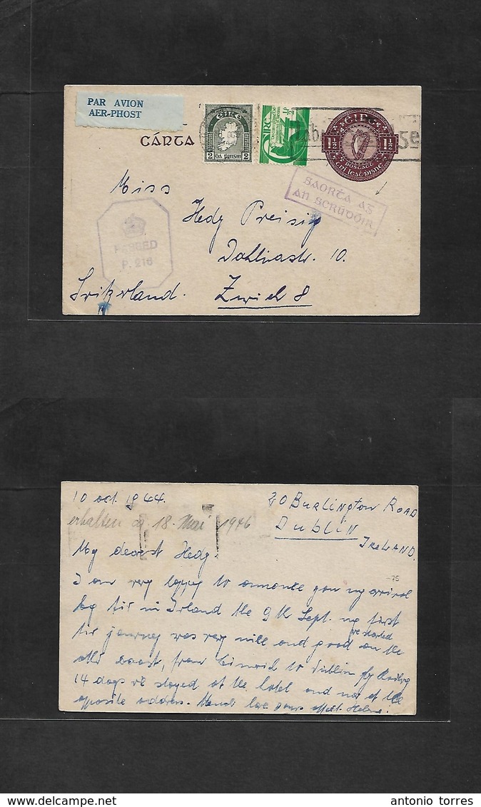 Eire. 1944 (10 Oct) Dublin - Switzerland, Zurich. 1 1/2d Stat Card + 2 Adtls On Airmail Censor Usage Both Irish + Britis - Used Stamps
