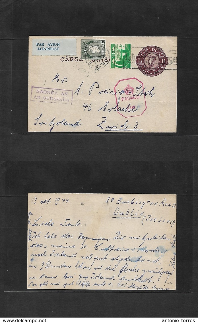 Eire. 1944 (13 Oct) Dublin - Switzerland, Zurich 1 1/2d Lilac Red Stat Card + 2 Adtls On Airmail Dual Censored Scarce Us - Gebruikt