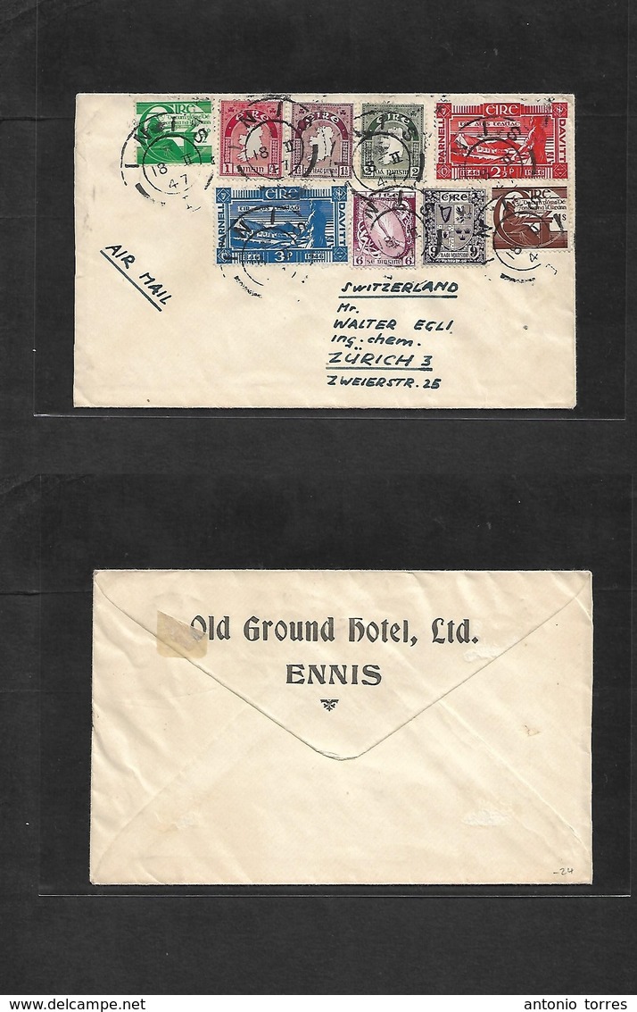 Eire. 1947 (18 Feb) Inis - Switzerland, Zurich. Air Multifkd Envelope (9 Stamps) Hotel Cover. VF. - Oblitérés