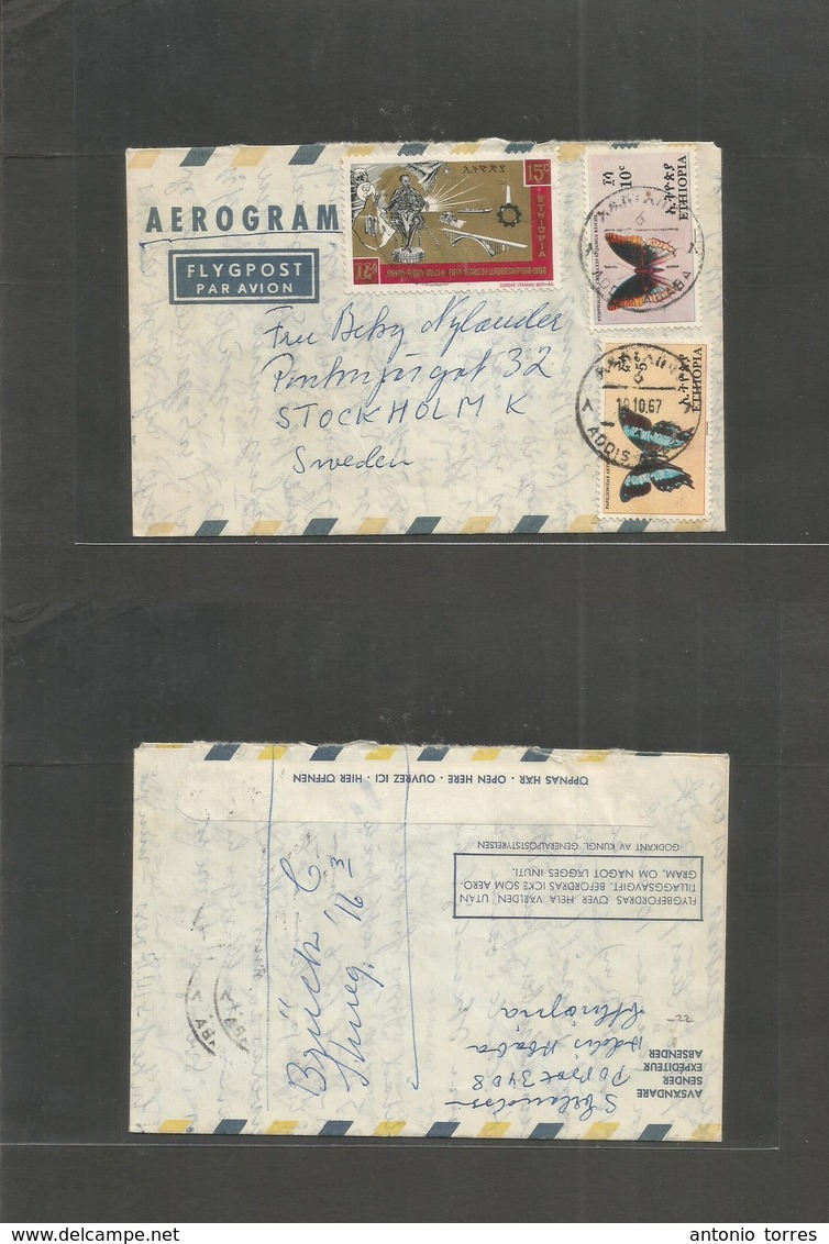 Ethiopia. 1967 (10 Oct) Addis Abeba - Sweden. Airletter Sheet Multifkd Includes Butterflies. Comercial Text Usage. Fine. - Ethiopia