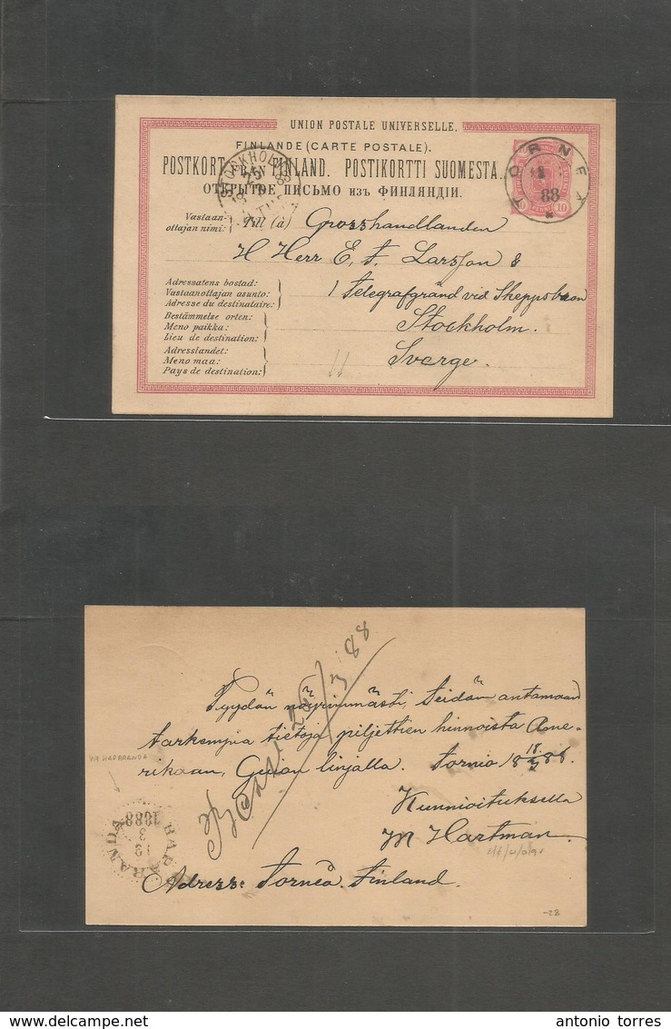 Finland. 1888 (12 March) Tornea - Sweden, Stockholm (18 March) Via Haparanda (12 March) Early 10 Pf Red Stat Card. Fine. - Autres & Non Classés