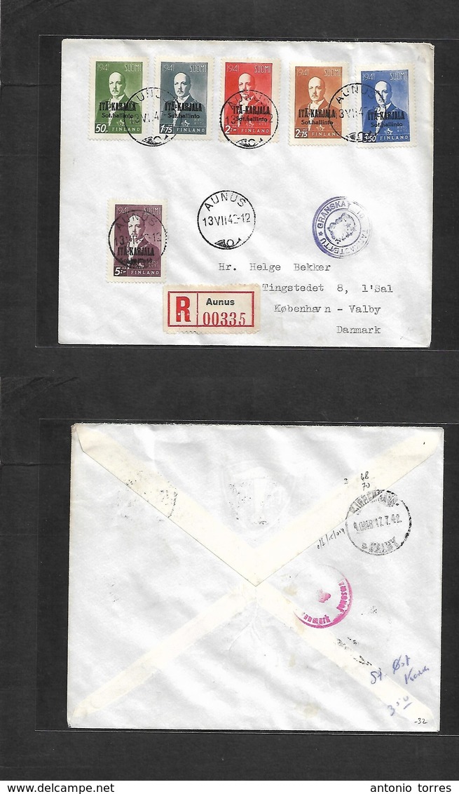 Finland. 1942 (13 July) Karelia, Aunus - Denmark, Valby (17 July) ITA Ovptd. Registered Multifkd Env. VF + Censored. - Autres & Non Classés