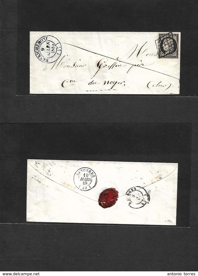 France. 1849 (9 March) Henrichemont - Sancerre. Small Envelope Fkd 1849 20c Black Full Margins, Tied Grill. XF. - Other & Unclassified