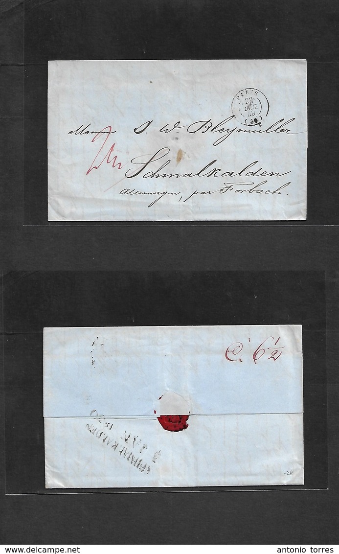 France. 1849 (29 Dec) Paris - Germany, Schmalkaden (3 Jan 50) Stampless EL With Contains Mns Prussian Charge, Depart Cds - Autres & Non Classés