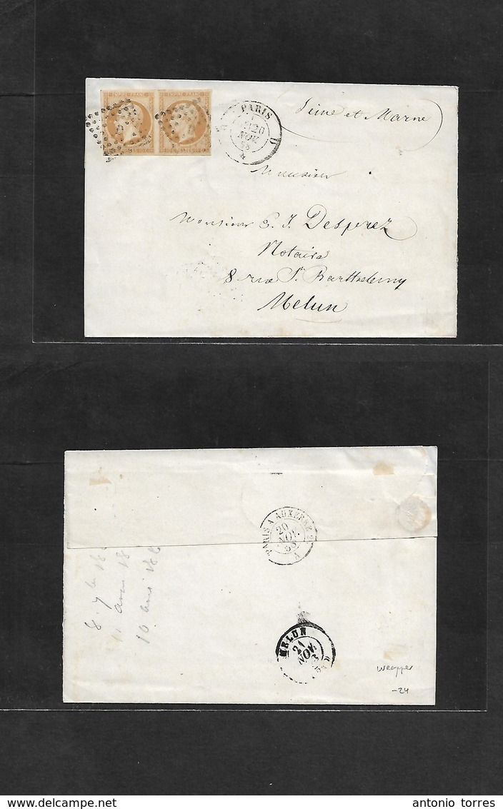 France. 1858 (20 Nov) Paris - Melun (21 Nov) Complete Wraper Fkd 10c Bister Pair, Full Margins, Tied Dots + Cds. VF. - Autres & Non Classés