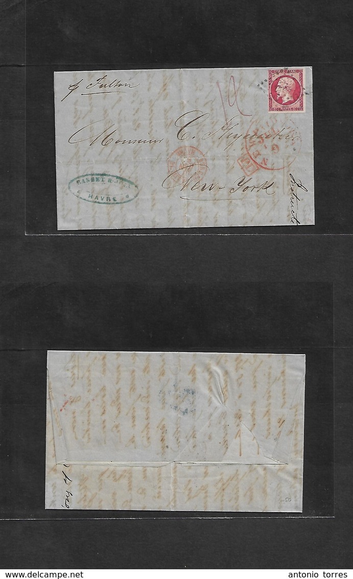 France. 1860 (26 June) Havre - USA, NYC (9 July) EL Fkd 80c Red Full Four Margin, Tied Dots + "19" Charge. Per Fulton +  - Other & Unclassified
