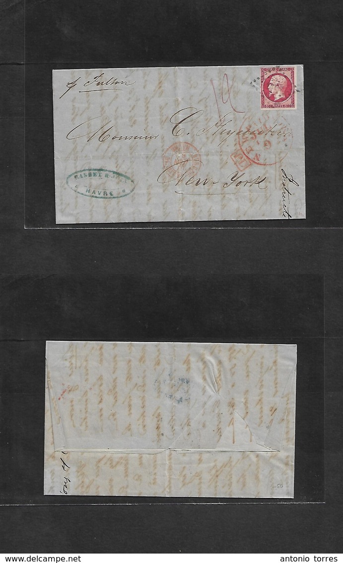 France. 1860 (26 June) Havre - USA, NYC (9 July) EL Fkd 80c Red Full Four Margin, Tied Dots + "19" Charge. Per Fulton +  - Andere & Zonder Classificatie