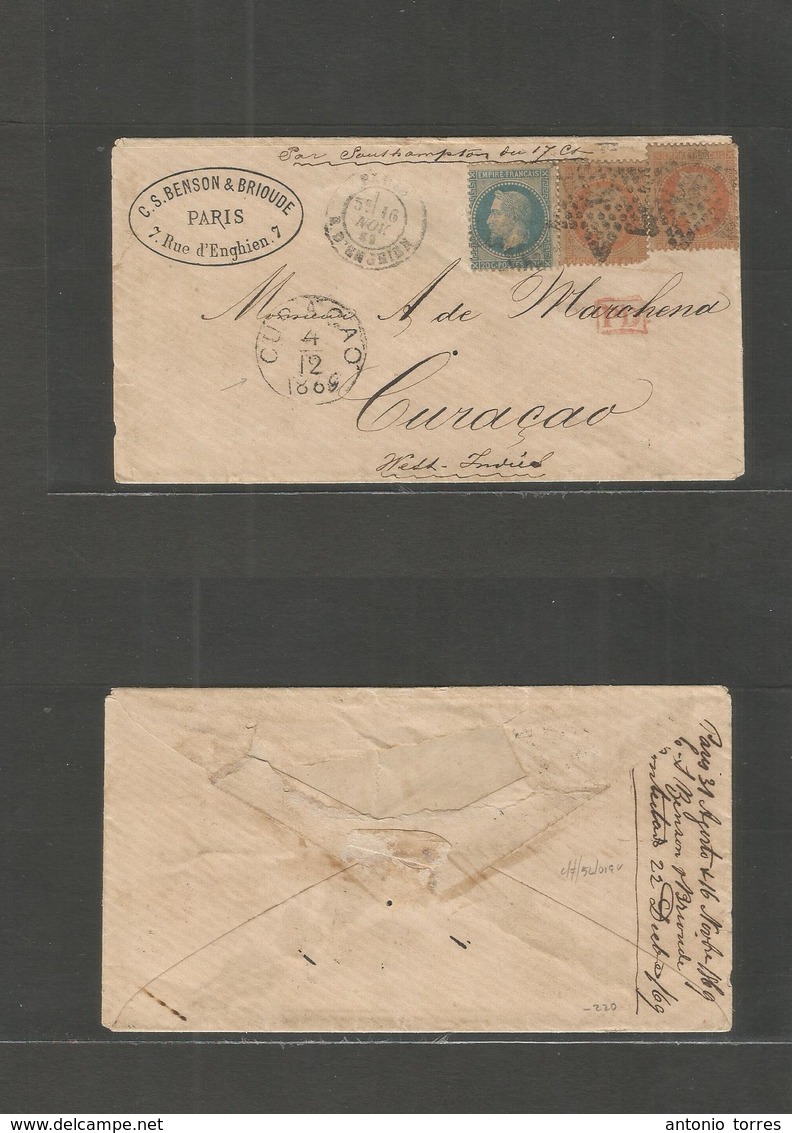 France. 1869 (16 Nov) Paris - Curaçao, Dutch West Indies (4 Dec) Fkd Env 20c + 40c (x2), Tied Stars, With Arrival Cachet - Otros & Sin Clasificación
