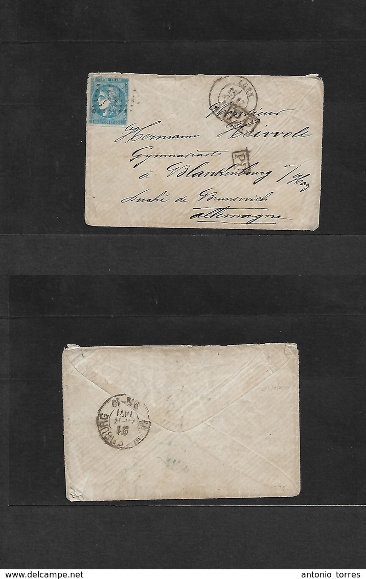 France. 1871 (17 Abril) Agen - Germany, Blankenburg, Brunswick (21 April) Fkd Env. France Bordeaux 20c Blue, Good Margin - Other & Unclassified