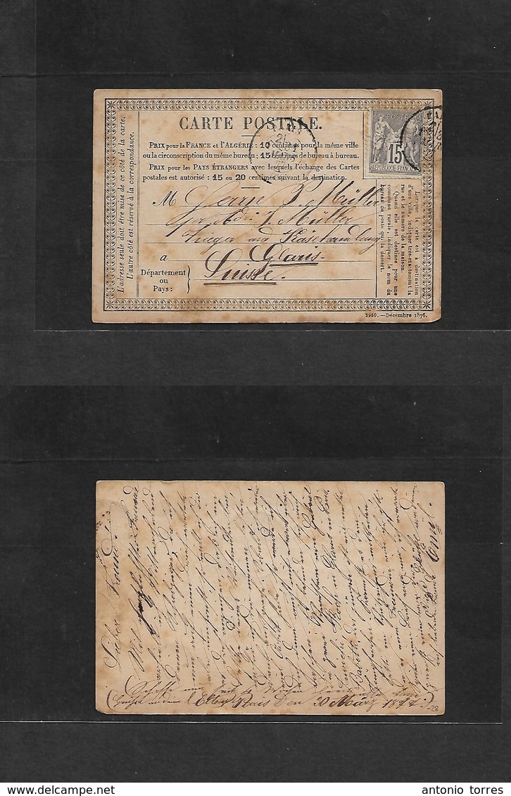 France - Stationary. 1877 (31 March) Carte Postale. Paris - Switzerland, Graris. Fkd 15c Sage Cds. Better Overseas Usage - Other & Unclassified