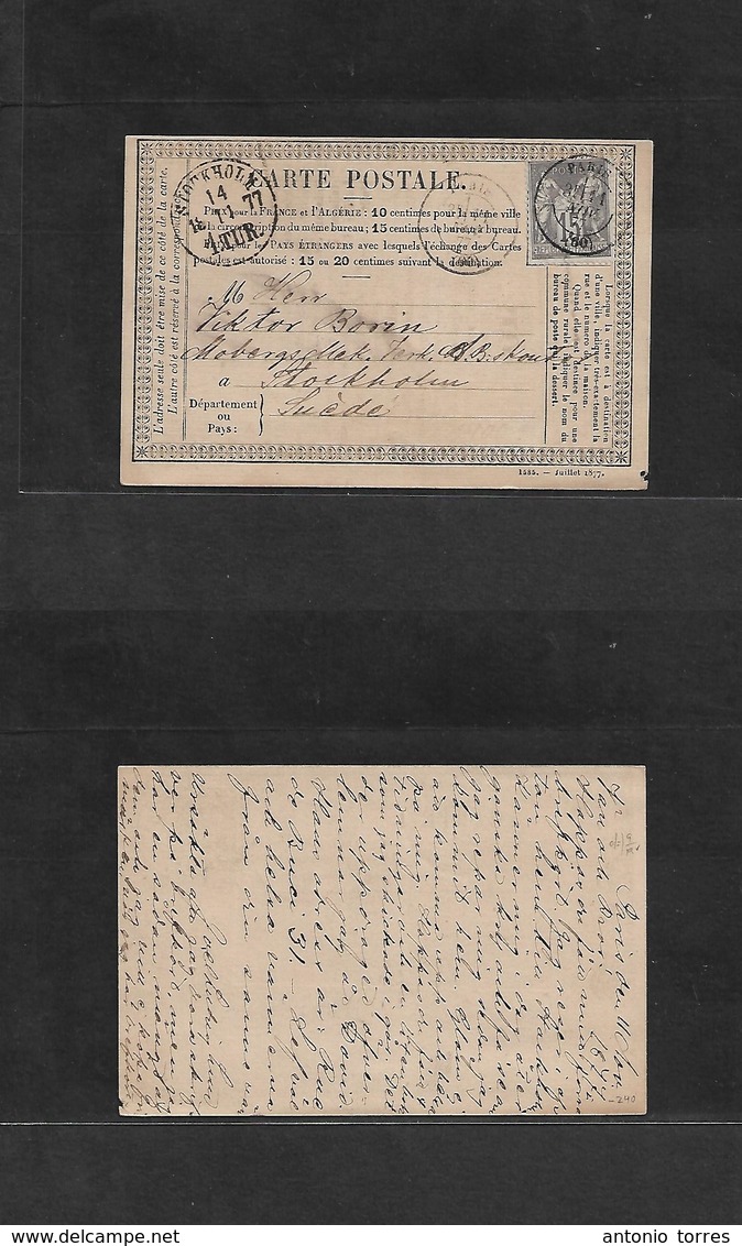 France - Stationary. 1877 (11 Nov) Paris - Sweden, Stockholm (14 Nov) Carte Postale. Fkd 15c Lilac Sage Issue + Arrival  - Other & Unclassified