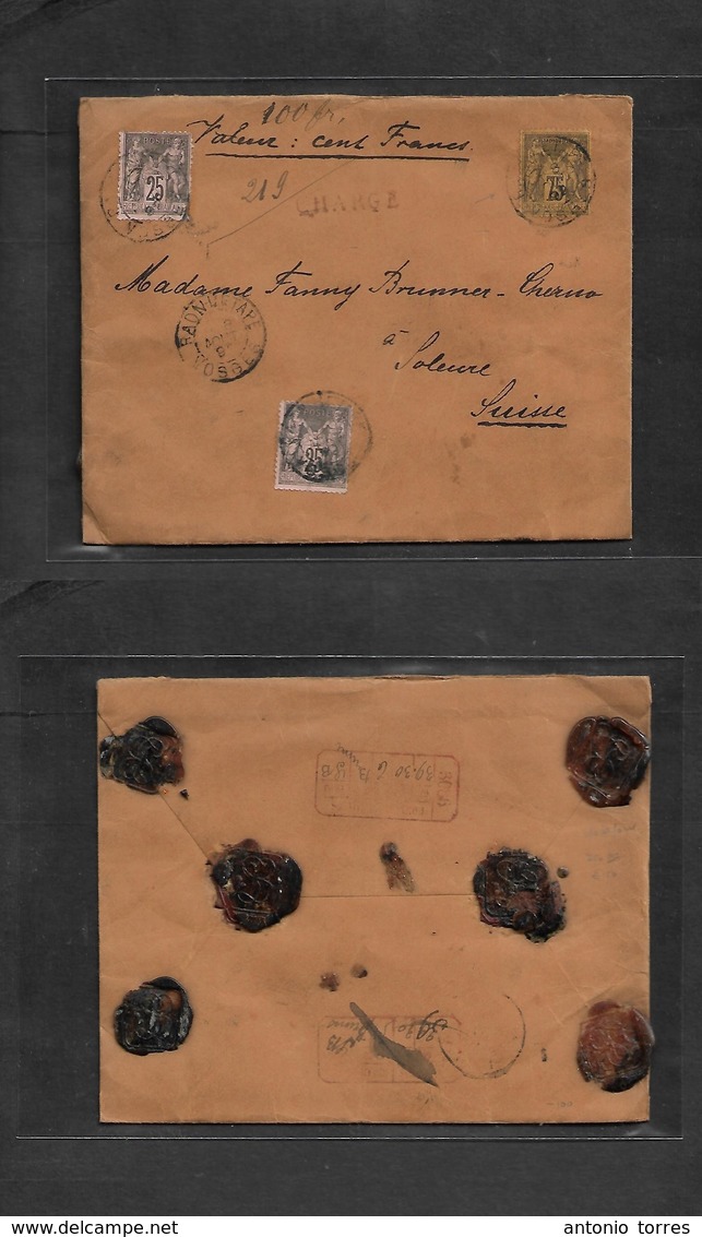 France. 1892 (8 Aug) Raon Etape - Switzerland, Solenre. Registered Unsured 100 Francs Multifkd Envelope, Incl 75c. Sage  - Otros & Sin Clasificación