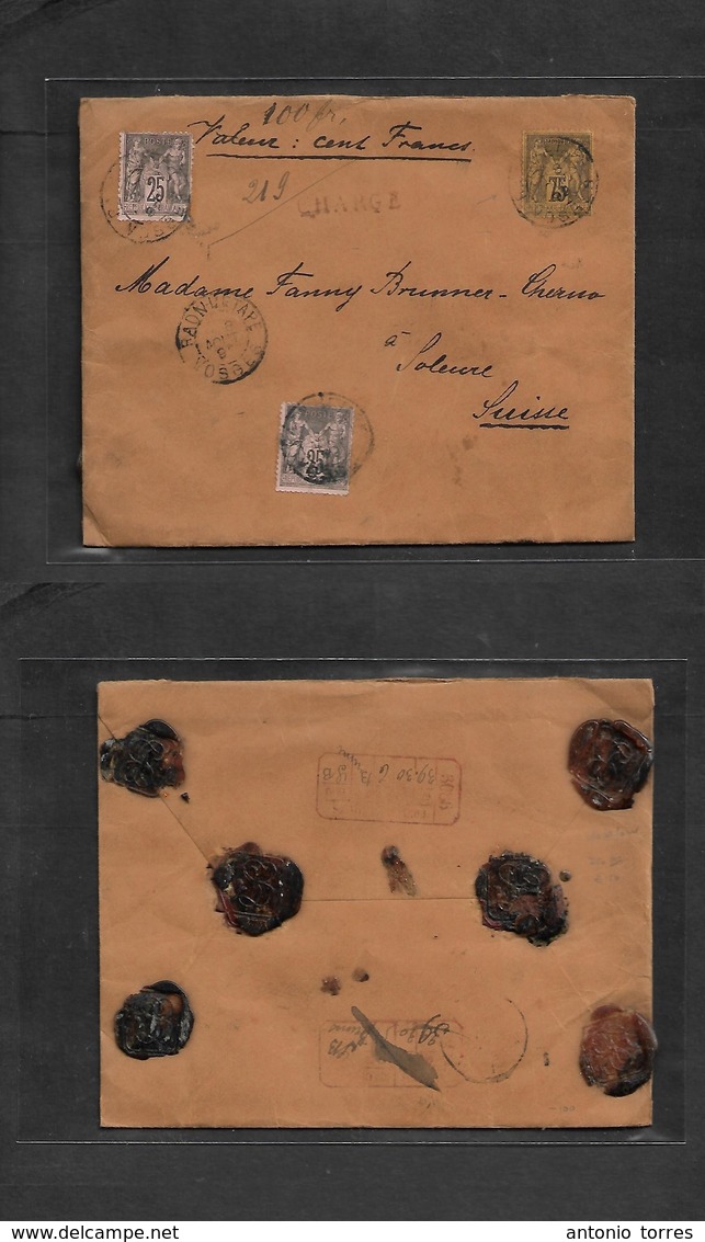 France. 1892 (8 Aug) Raon Etape - Switzerland, Solenre. Registered Unsured 100 Francs Multifkd Envelope, Incl 75c. Sage  - Andere & Zonder Classificatie