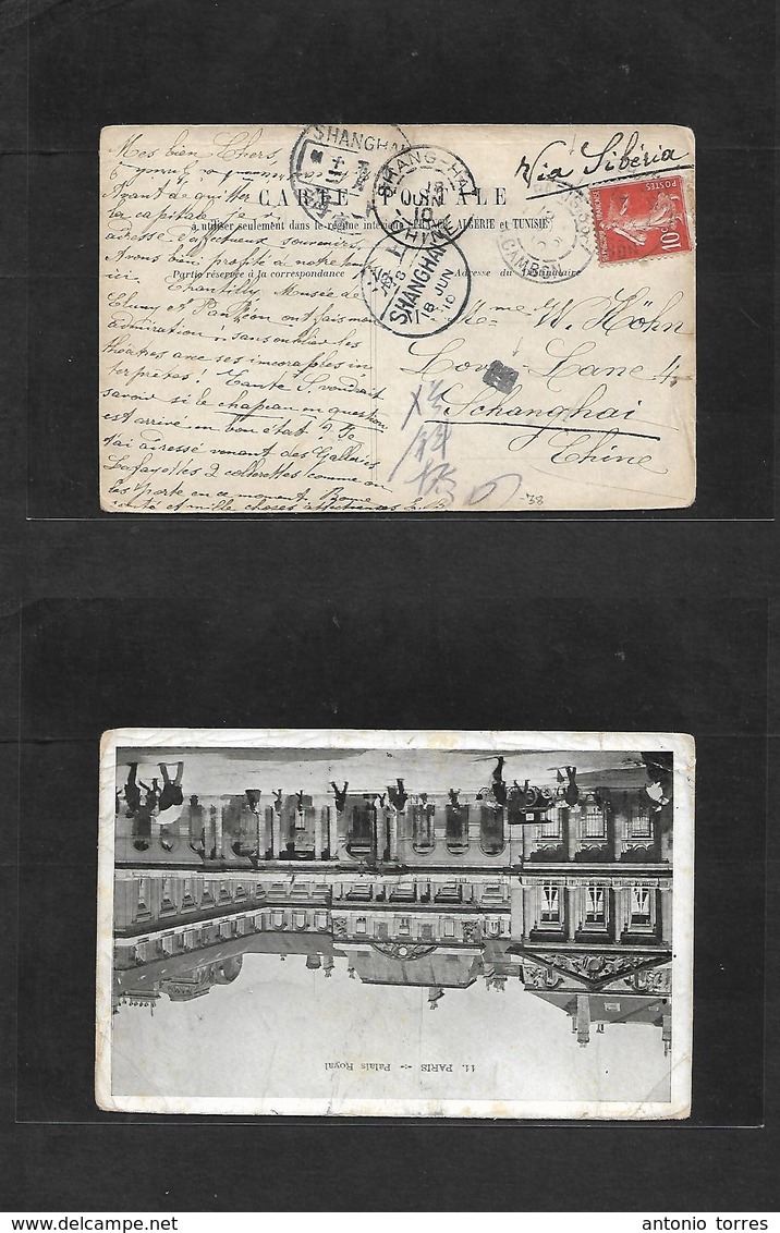 France - Xx. 1910 (21 Mayo) Cambon - China, Shanghai (18 June) Fkd Semeuse Issue Ppc. Via Siberia. All Transited On Fron - Autres & Non Classés