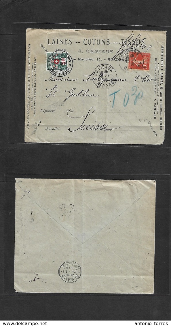 France - Xx. 1916 (20 Jan) Bordeaux - Switzerland, St. Gallen (25 Jan) Comercial Fkd Semeuse Issue Envelope + Taxed + Ar - Autres & Non Classés