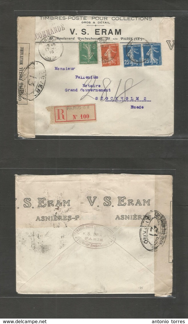 France - Xx. 1916 (17 Apr) Paris - Sweden, Stockholm. Registered WWI Censored Usage. Semeuse Issue. Fine Multicolor Enve - Autres & Non Classés