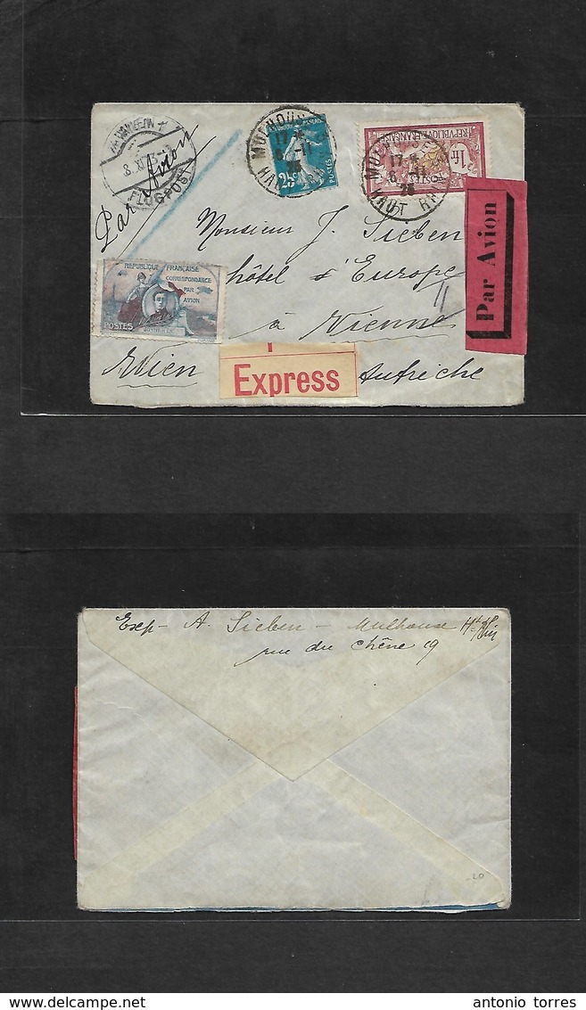 France - Xx. 1923 (6 Nov) Mulhouse - Austria, Wien (8 Nov) Express Airmail Multifkd Envelope With Two Diff Labels + Labe - Other & Unclassified