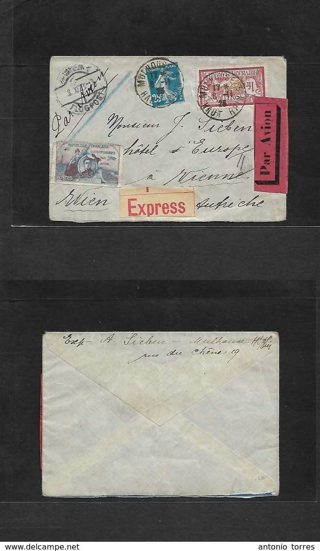 France - Xx. 1923 (6 Nov) Mulhouse - Austria, Wien (8 Nov) Express Airmail Multifkd Envelope With Two Diff Labels + Labe - Andere & Zonder Classificatie