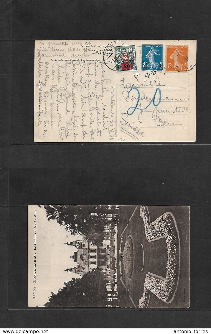 France - Xx. 1924 (31 Oct) Montecarlo - Switzerland, Bern (3 Nov) Semeuse Multifkd Card + Taxed + Arrival Swiss Postage  - Other & Unclassified