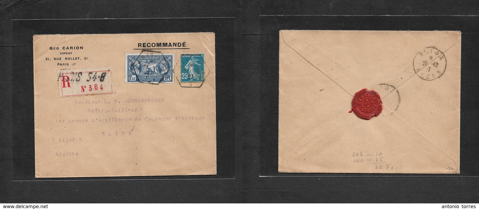 France - Xx. 1927 (21 Dec) Paris - Algeria, Blida (26 Dec) Registered Envelope. Semeuse Issue + American Legion. Fine. - Andere & Zonder Classificatie