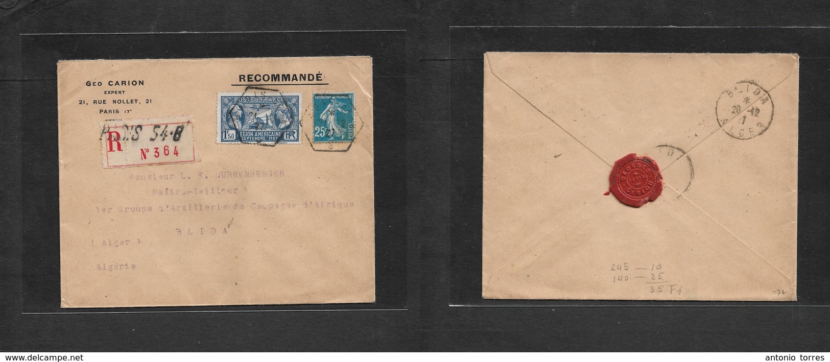 France - Xx. 1927 (21 Dec) Paris - Algeria, Blida (26 Dec) Registered Envelope. Semeuse Issue + American Legion. Fine. - Autres & Non Classés