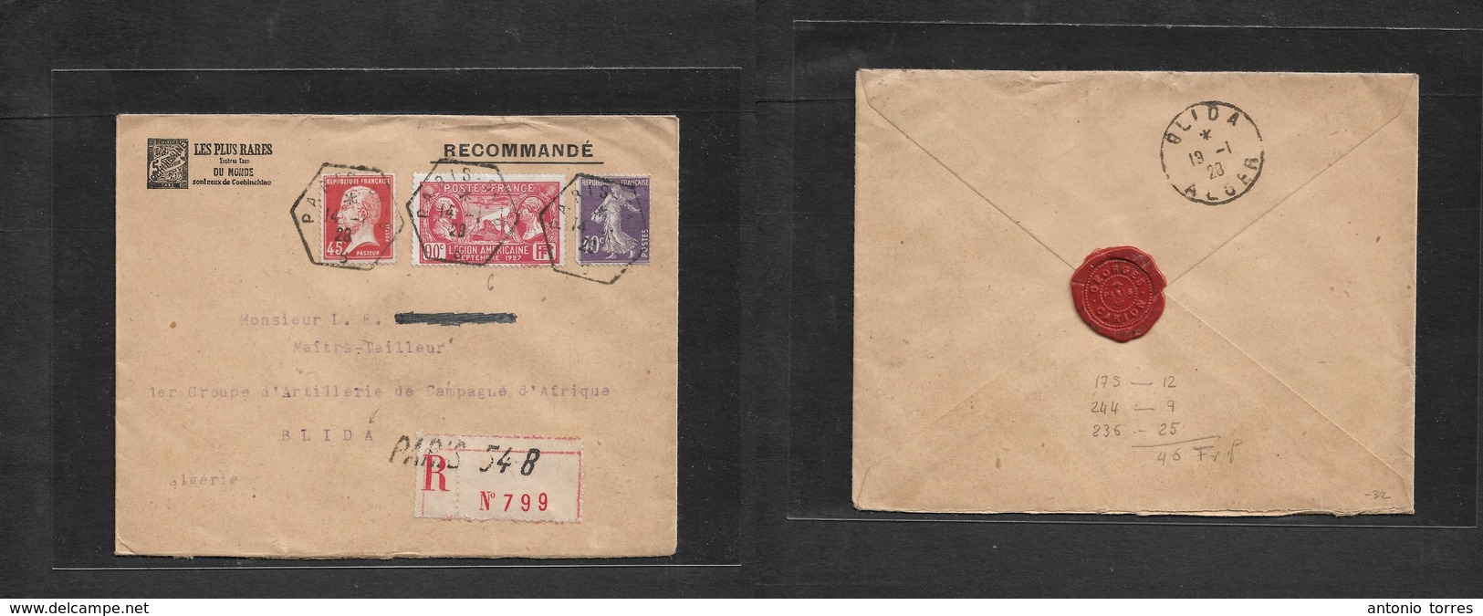 France - Xx. 1928 (14 Jan) Paris - Algeria, Blida (19 Jan) Registered Multifkd Env Pasteour + American Legion + Semeuse. - Other & Unclassified