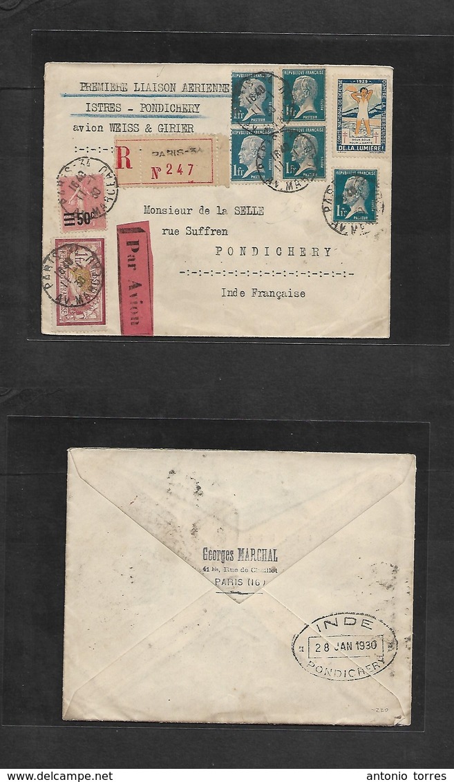 France - Xx. 1930 (11 Jan) First Flight To French India, Pondichery (28 Jan) Registered Pasteur Issue Multifkd Usage + F - Otros & Sin Clasificación