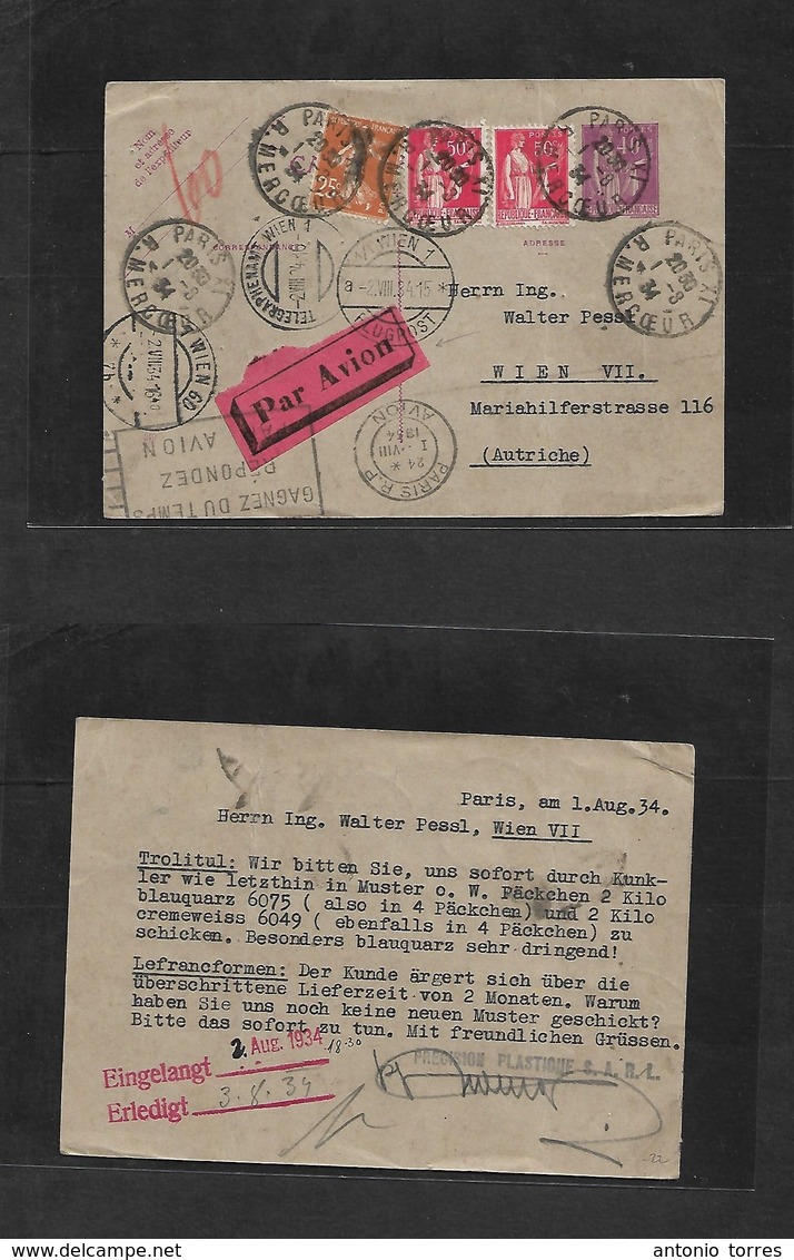 France - Stationary. 1934 (1 Aug) Paris, Mercoeur - Austria, Wien (2 Aug) Multifkd Air Paix 40c Lilac Stat Card +  Adtls - Autres & Non Classés