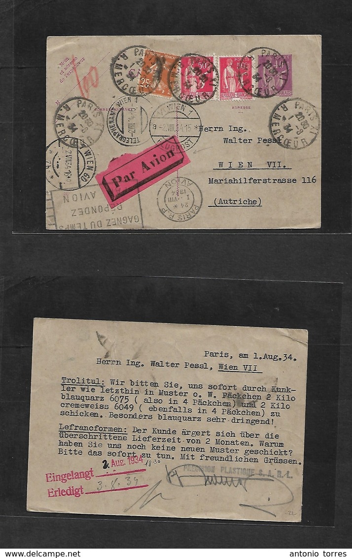 France - Stationary. 1934 (1 Aug) Paris, Mercoeur - Austria, Wien (2 Aug) Multifkd Air Paix 40c Lilac Stat Card +  Adtls - Andere & Zonder Classificatie