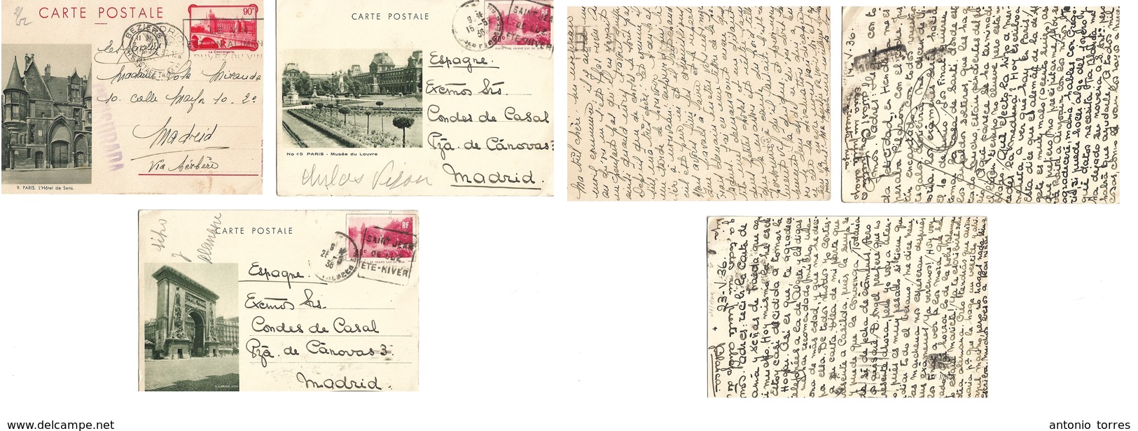 France-Stationery. 1936-7. Paris - Madrid, Spain. 3 Diff 90c Illustrated Stationary Cards, One Circulated After Spain Ci - Andere & Zonder Classificatie